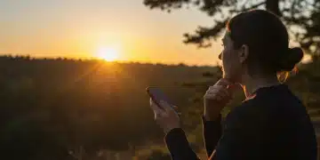 Digital Wellness in 2025: Reclaim Time, Reduce Screen Fatigue Sunrise with a person holding a phone, symbolizing digital balance and mindfulness