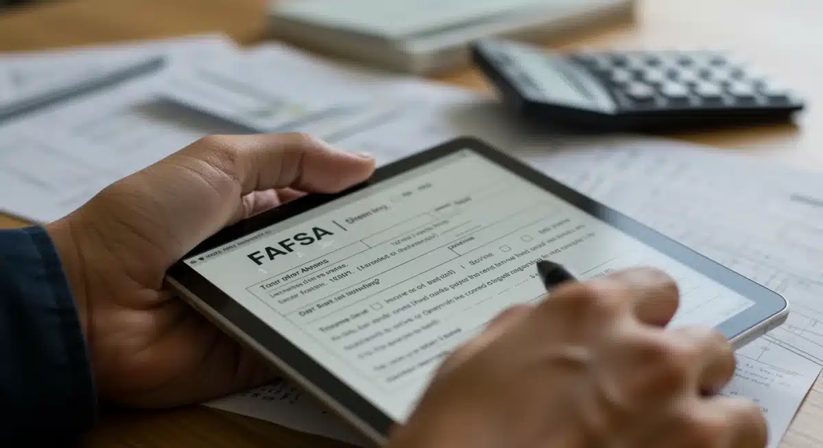 Hand filling out a digital FAFSA form, demonstrating simplified application process.