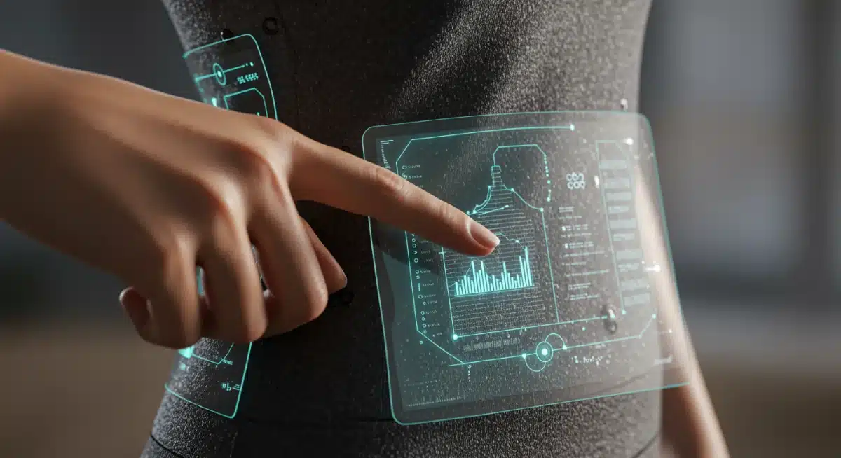 Hand interacting with digital garment interface on a transparent screen, showcasing embedded technology within a textured fabric, representing digital fashion integration.