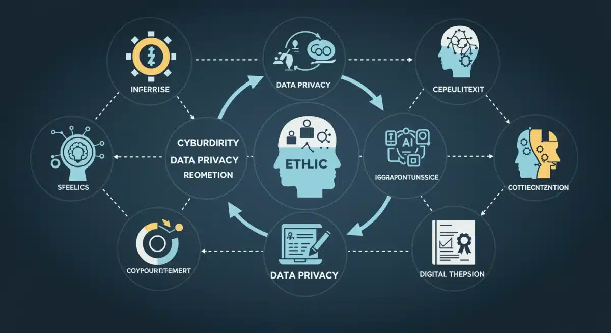 Infographic depicting interconnected digital literacy components: cybersecurity, privacy, AI ethics