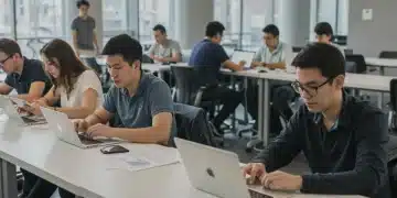 Students and professionals mastering digital skills in a collaborative setting