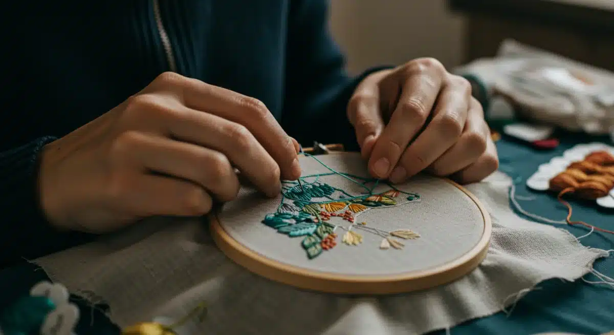 Person engaged in detailed embroidery crafting