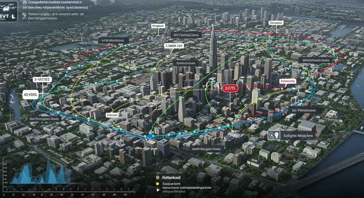 Complex air traffic control diagram for eVTOLs over a city, showing integrated flight paths and data.