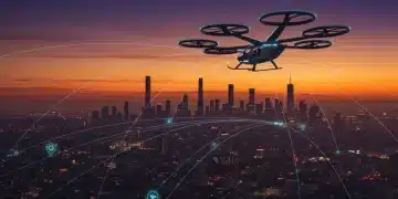 Futuristic eVTOL aircraft over a city skyline at dusk, symbolizing urban air mobility challenges.