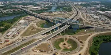 Federal Infrastructure Projects: $300B Allocation Analysis Aerial view of a large-scale federal infrastructure highway project with multiple bridges and construction vehicles