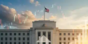 Federal Reserve Hints at Rate Changes: 70% Mortgage Impact Federal Reserve building with financial graphs and house silhouette, symbolizing interest rate impact on mortgages.