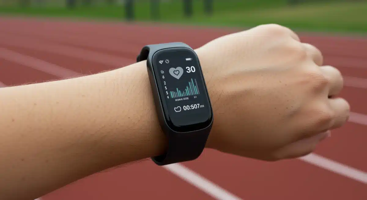 Fitness tracker displaying personalized workout data on a user's wrist