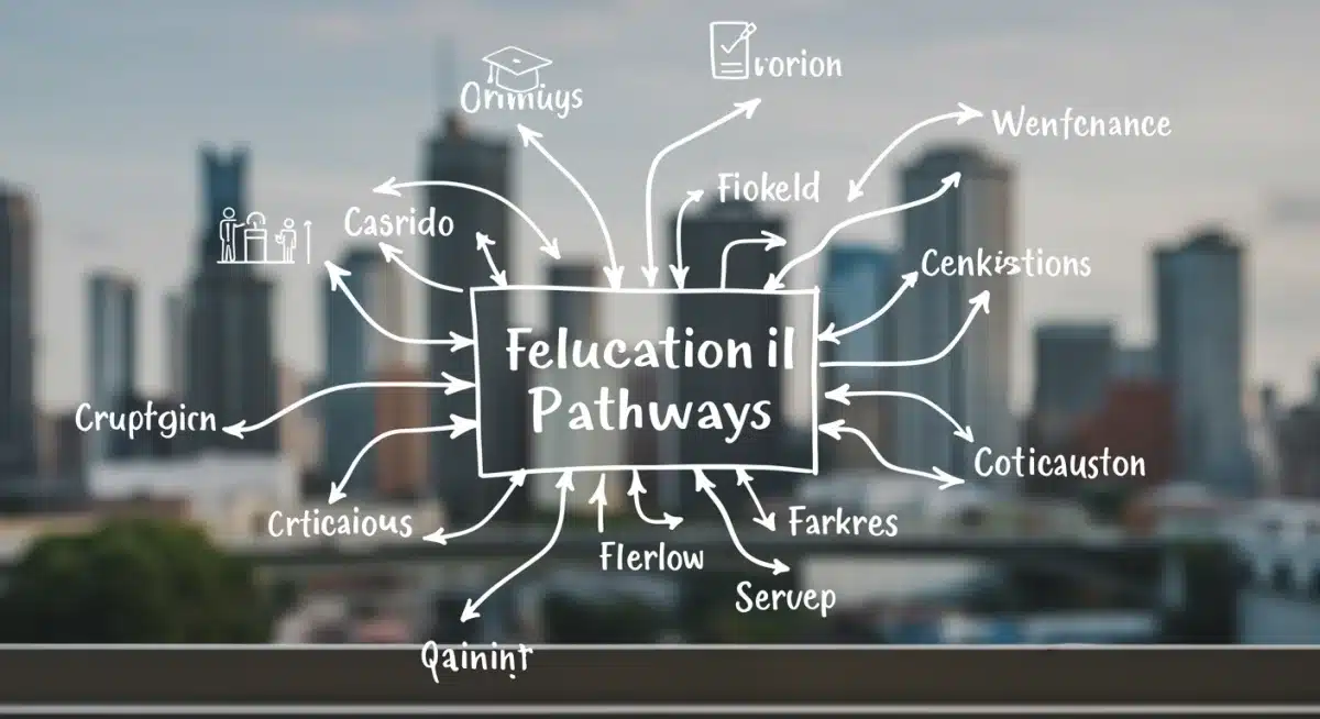 Diagram showing flexible adult education pathways to diverse career fields.
