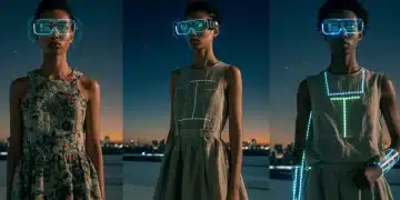 Future of Fashion: 7 Trends Redefining American Style in 2025 Collage of diverse models showcasing future fashion trends, including upcycled clothing, smart glasses with virtual accessories, and garments with integrated LED patterns, against a futuristic cityscape.
