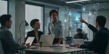 Future-Proofing Your Career: Essential Skills for US Job Market 2026 Professionals collaborating in a futuristic office, showcasing essential skills for 2026 job market.