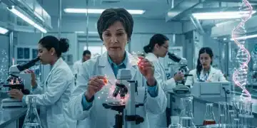 Scientists analyzing DNA in a futuristic lab for personalized medicine breakthroughs