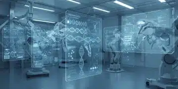 Futuristic medical facility with advanced biotechnology displays and robotic surgery.