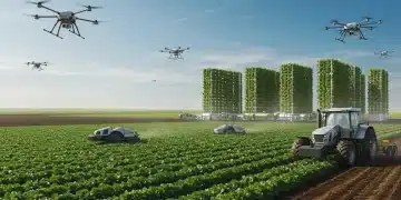 Future of Food: 4 US Agricultural Innovations to Watch in the Next 18 Months Futuristic vertical farm with autonomous machinery and drones showcasing US agricultural technology.