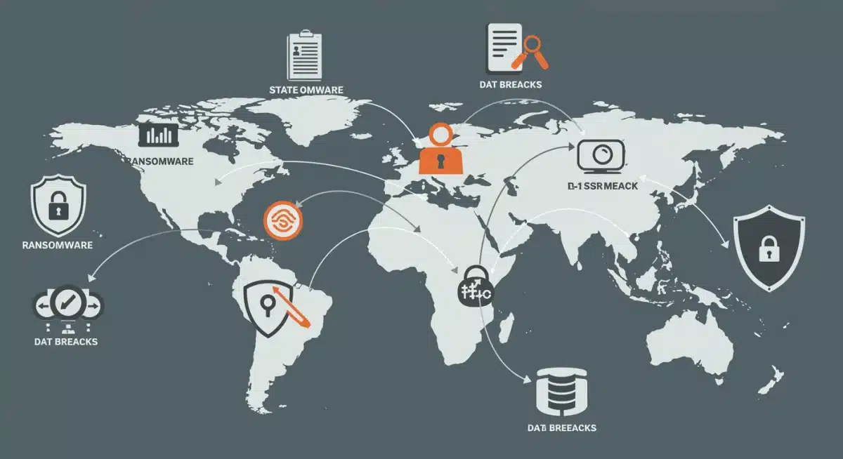 Global map depicting interconnected cyber warfare threats and defense networks.