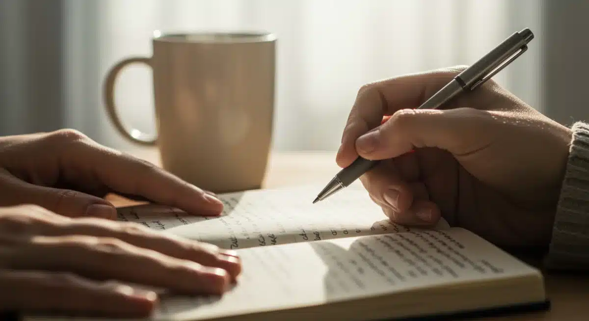 Hands writing in a gratitude journal during a mindful morning routine.