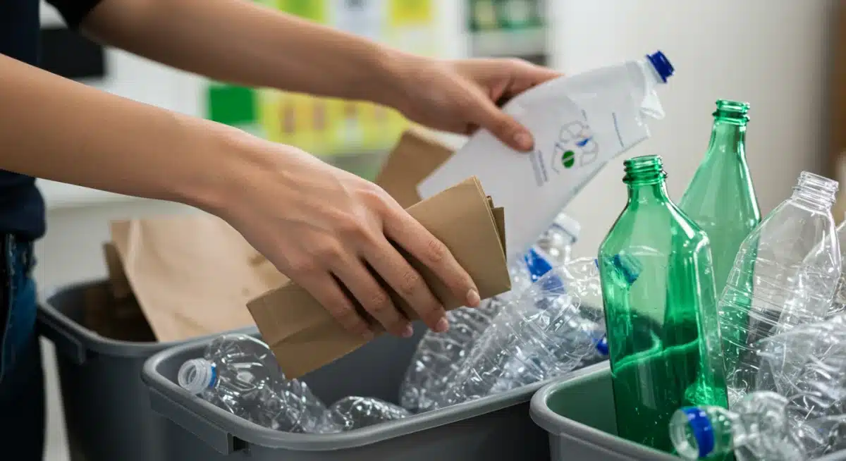 Hands sorting recyclable materials into designated bins