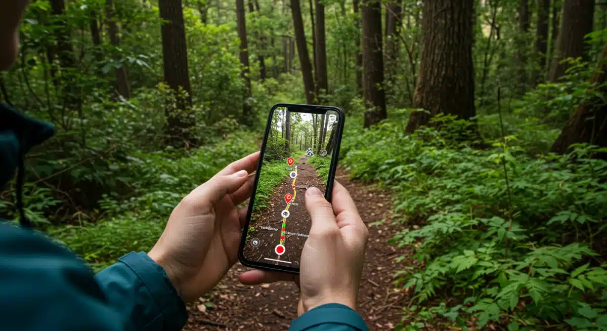 Hiker using smartphone for augmented reality navigation on a forest trail