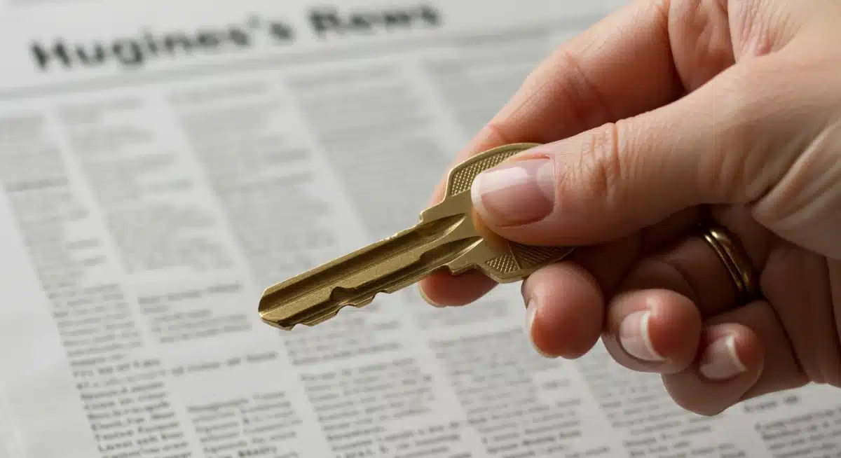 Hand holding house key, financial newspaper headline on interest rates blurred in background.