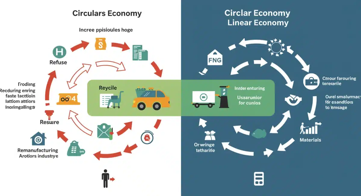 Infographic comparing linear versus circular economy models and material flows.
