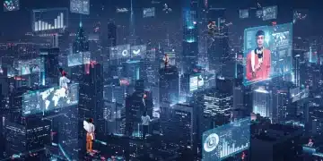 Futuristic metaverse cityscape with digital avatars and economic activity