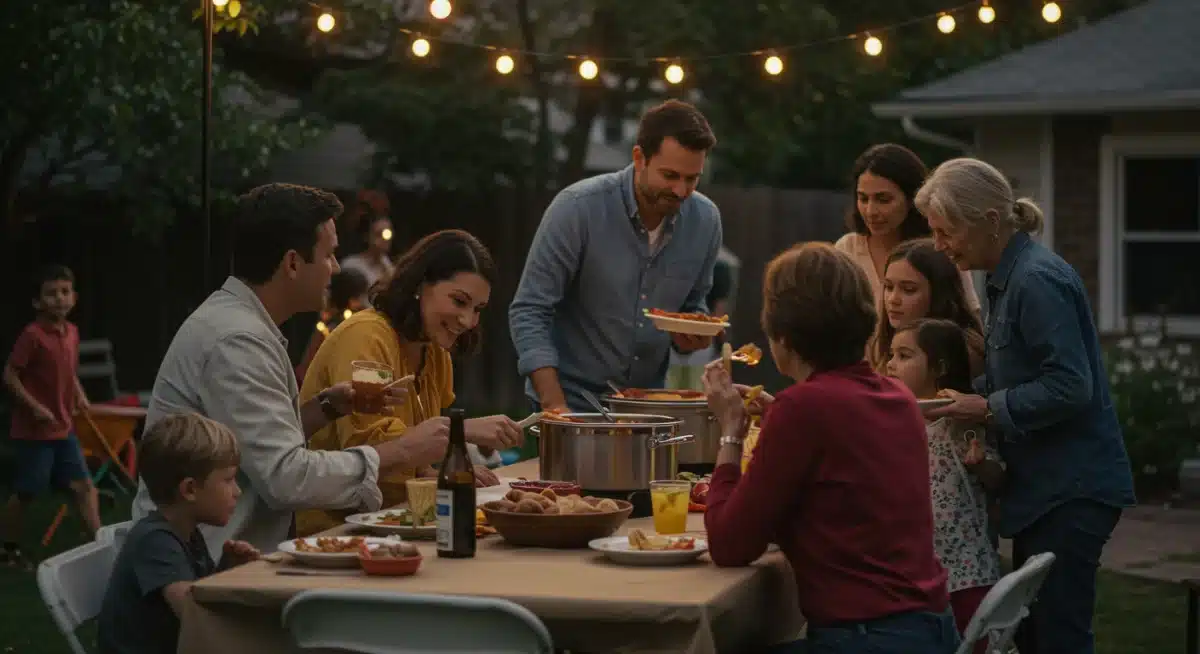 Neighbors sharing food and conversation at an outdoor community potluck, building local bonds.