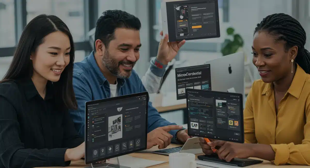 Diverse professionals learning online for micro-credentials