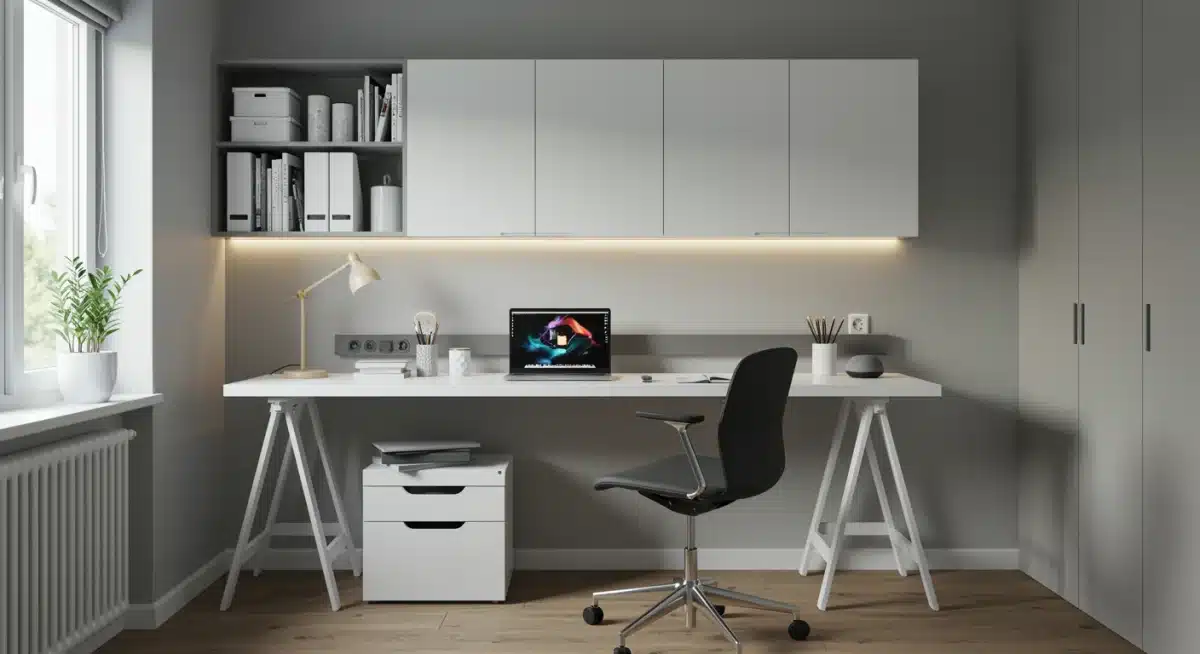 Organized minimalist home office with integrated technology