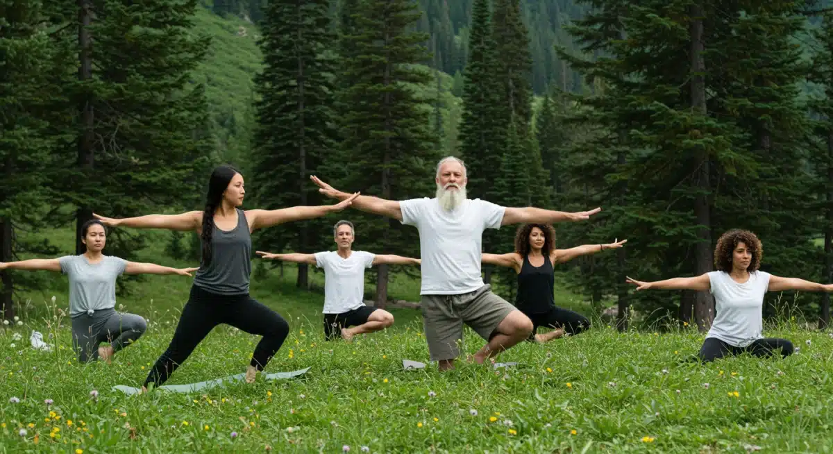 Group doing outdoor yoga in nature, adventure wellness
