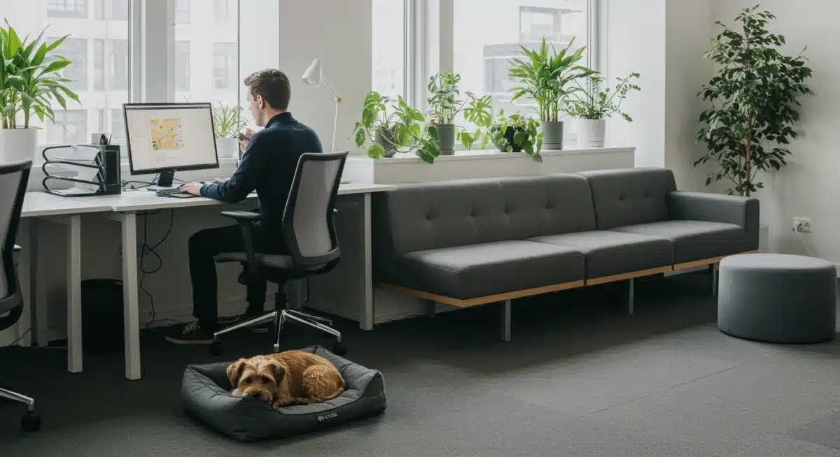 Employee working in a modern pet-friendly office with a dog nearby