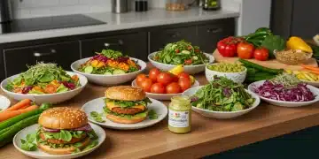 Vibrant plant-based dishes on a modern kitchen counter, symbolizing culinary innovation