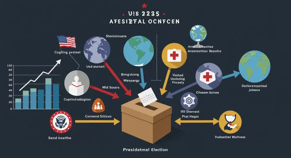Infographic showing economic, foreign, and social policies converging towards a ballot, illustrating the 2025 election's influence.