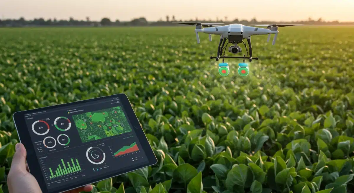 Drone deploying sensors for precision agriculture data collection in a modern farm field.