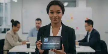 Boost Your Career 20%: Micro-Credentials in US Job Market Professional woman showcasing digital micro-credential badge on tablet in office