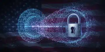 Quantum-Resistant Encryption: US Standards Compared Futuristic padlock with quantum bits securing data, representing quantum-resistant encryption in the US.