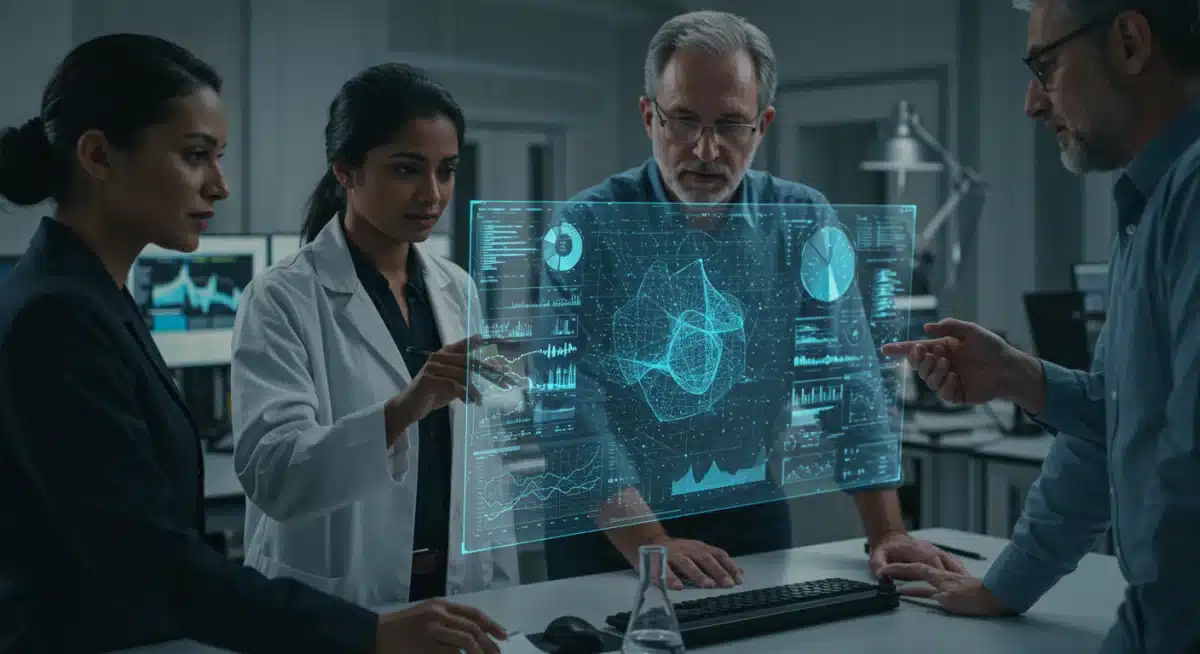 Scientists and engineers collaborating on holographic data display, symbolizing R&D investment