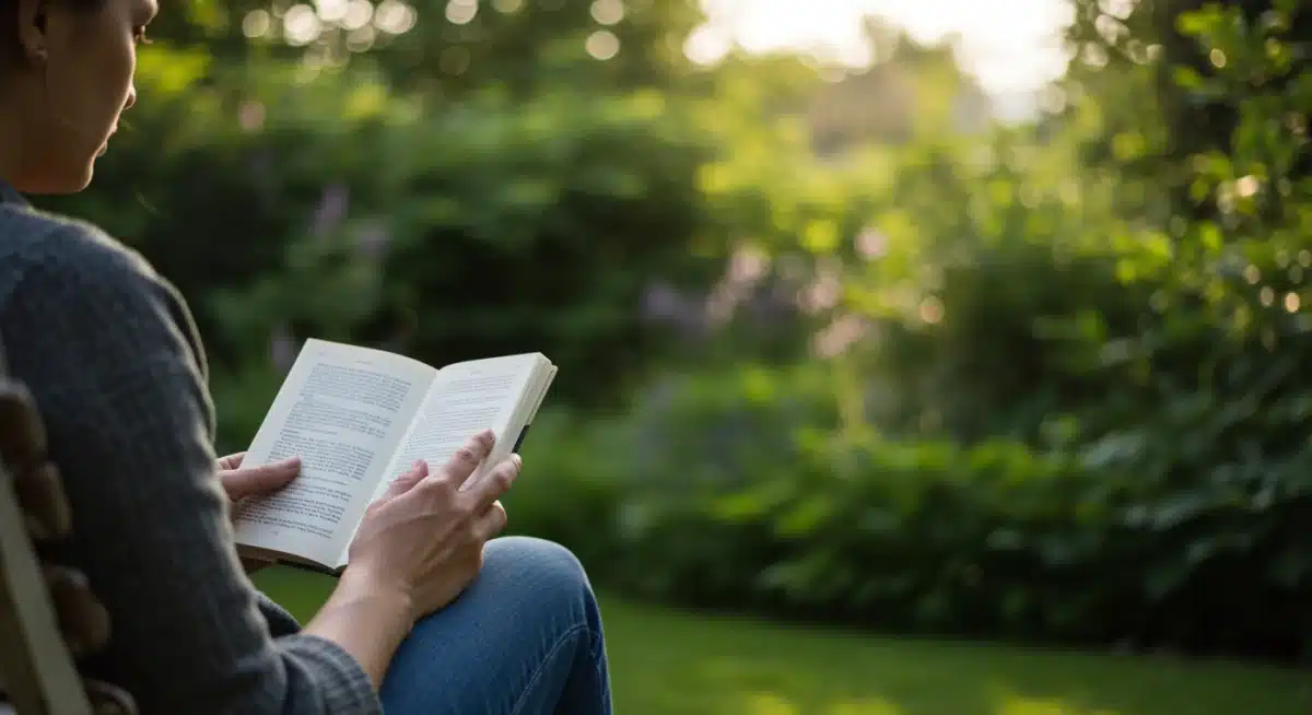 Person reading a book in a peaceful garden, practicing digital detox