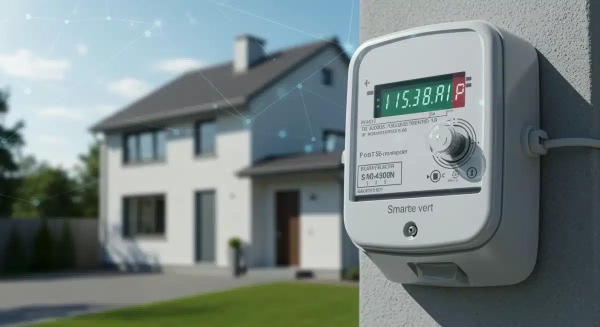 Residential smart meter displaying real-time energy data, connected to the smart grid.