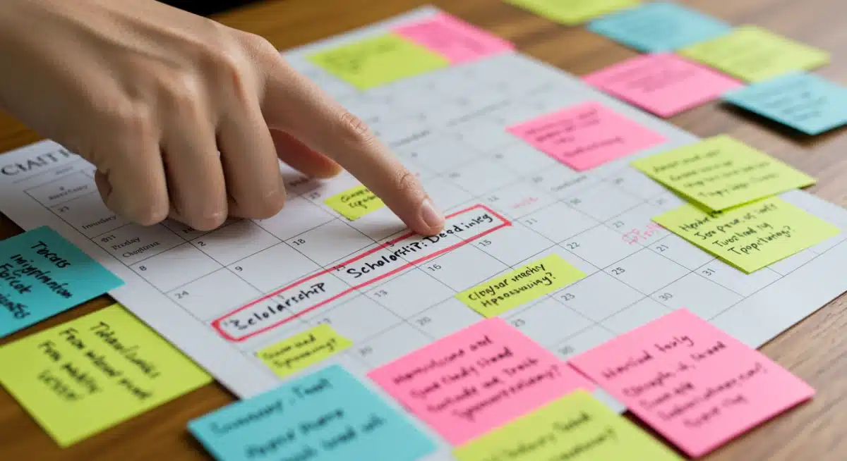 Calendar with highlighted 2025 scholarship deadlines and planning notes.