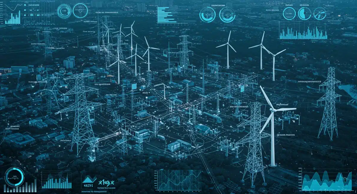 Detailed blueprint of a smart grid energy distribution system with data overlays