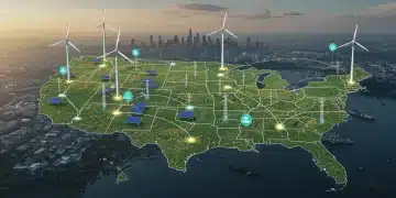 Advanced smart grid network overlaying US map, showing digital energy flow and interconnected renewable sources.