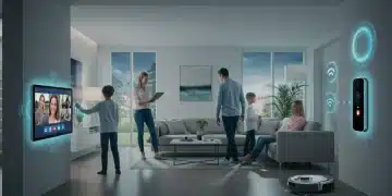 Smart Home Living: 5 Technologies Transforming US Routines by 2025 Family using smart home devices in a modern living room