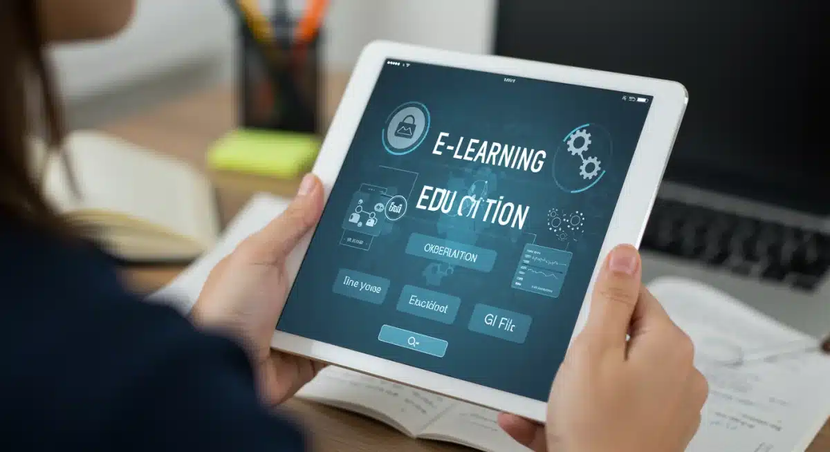 Student engaging with online learning module on tablet