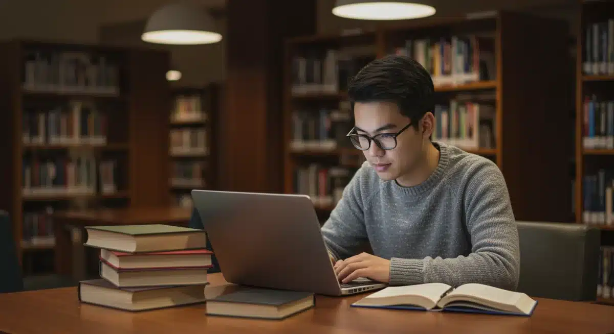 Student engaged in self-directed personalized learning in a university library