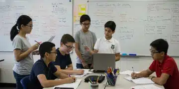 Students collaborating on a project in a modern classroom, showcasing active learning