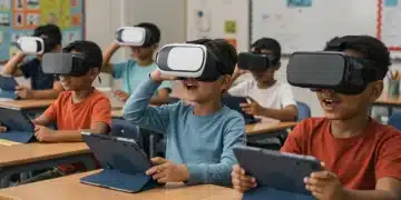 Students using VR headsets and AR tablets in a modern US classroom for immersive learning experiences.
