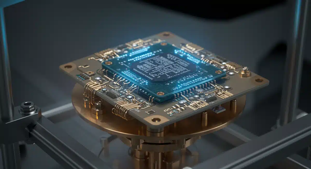 Close-up of a superconducting quantum chip within a cryostat, illustrating the complex hardware behind quantum computing advancements.