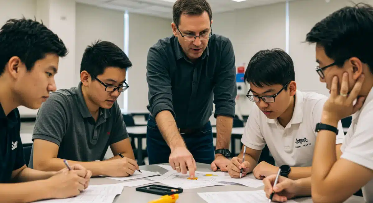 Teacher guiding students in a hands-on project-based learning activity