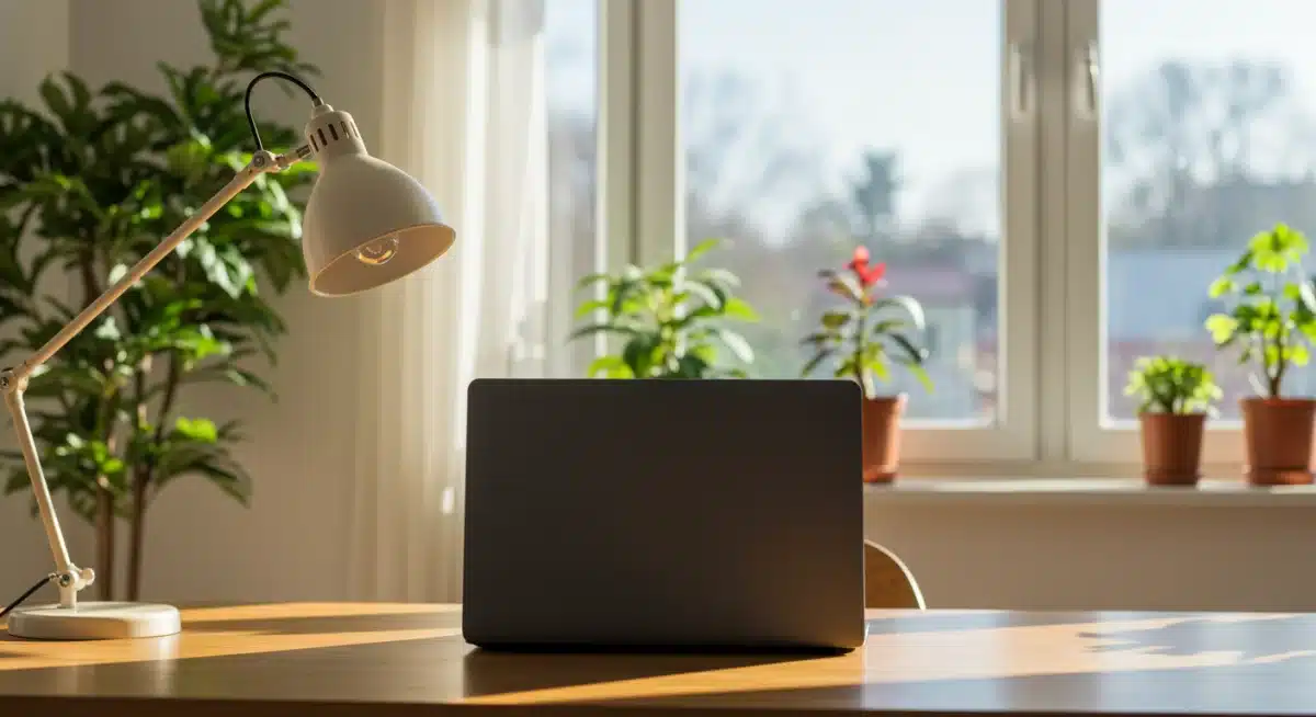 Minimalist home office with closed laptop, plants, and natural light, indicating a tech-free zone.