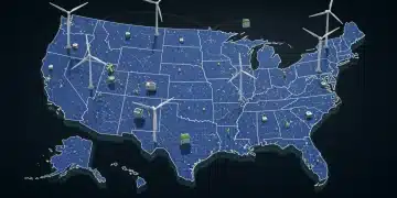 Digital representation of a modern US energy grid with integrated renewables and household connections.