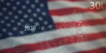 US Innovation Policy Shifts 2030: Insider Knowledge Digital gears and circuits with US flag background, symbolizing future innovation policy